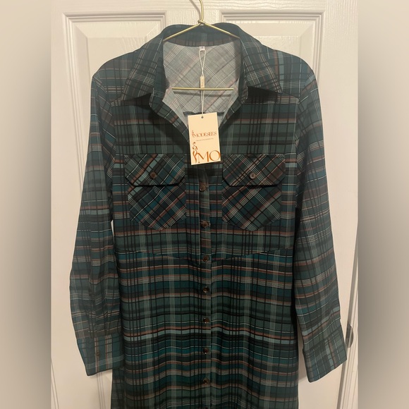 Modesees Plaid Button-Front Shirt Dress NWT - Picture 3 of 10